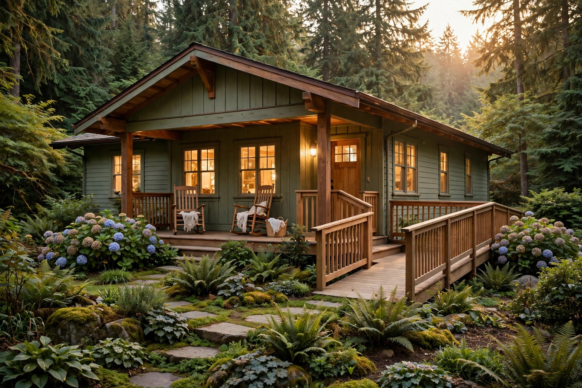 A warm, sage-green adult family home in Washington with a covered porch, rocking chairs, and a wheelchair ramp, photographed at golden hour