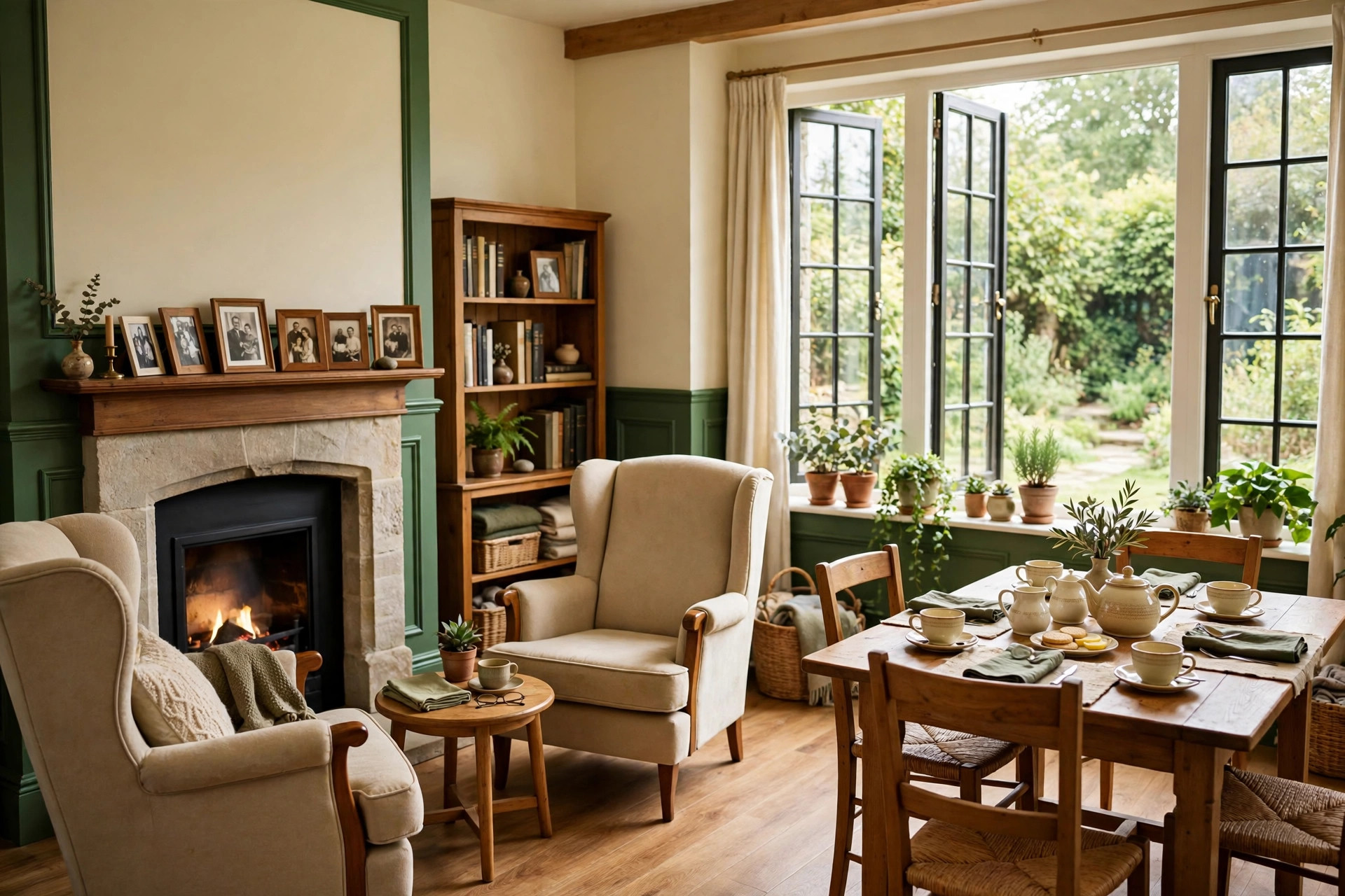 Inside a residential care home: armchairs by a fireplace, family photos on the mantel, and a table set for tea by garden windows